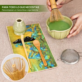 Juego de Matcha Cerámica 8 piezas, Incluyendo Cuencos, Agitadores y Soportes,Tamiz, Cuchara, Descanso Scooter，Cucharilla, Toalla de Té (Verde Moteado)