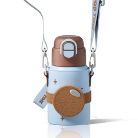 SDGA+ Kids Insulated Water Bottle with Shoulder Strap - 22 oz Kawaii Stainless Steel Tumbler with 3D Fuzzy Charm, Leak-Proof Flip Top & Vacuum Flask for School, Travel, BPA Free, Brown