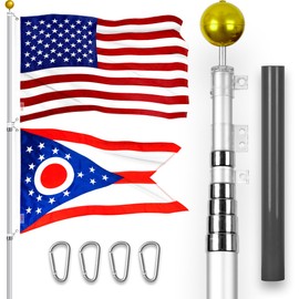 G128 Combo Pack: 25 Ft Telescoping Aluminum Flagpole (Silver) & American and Ohio Flags 3x5 Ft, Both ToughWeave Series Embroidered Polyester | Pole with Flags Included