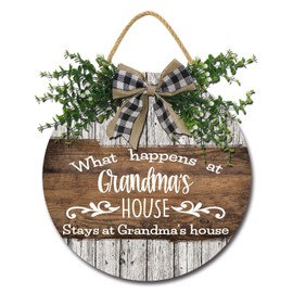 Isaric Vintage Style Sign with Greenery&Bow Saying, What Happens at Grandma's House, Stays at Grandma's House!" Decorative Fun Wooden Sign Family Signs for Grandma 11Inch