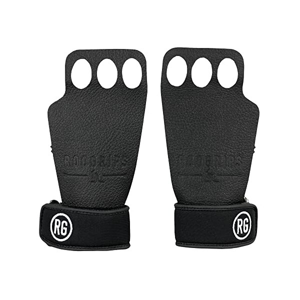 RooGrips - 3-Finger Durable Protective Leather Hand Grips, Crossfit Gloves, Weightlifting and Gymnastics Grips, Non-Slip Pull Up Gloves for Men and Women, Black, Large