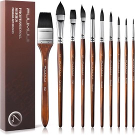 10Pcs Fuumuui Watercolour Brushes, Professional Synthetic Squirrel Hair Brush Set Variety Shapes with Round Pointed, Wide Flat, Cat's Tongue, Dagger for Watercolour Acrylic Gouache Inks Painting