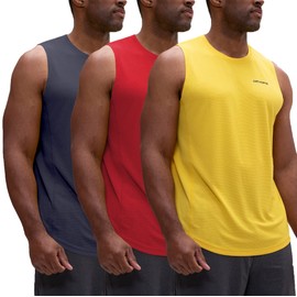 DEVOPS 3 Pack Sleeveless Men's Muscle Shirts Dry Fit Tank Top (Large, Charcoal/Red/Yellow)