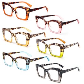 REAVEE 6 Pack Oversized Square Reading Glasses Oprah Style for Women, Blue Light Blocking Thick Large Frame Computer Designer Fashion Readers Spring Hinge with Leather Case,2.25