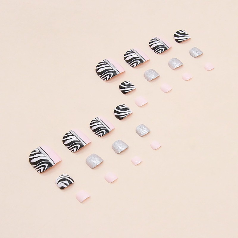 Press on Toenails Coffin with Zebra Stripes Designs, Full Cover