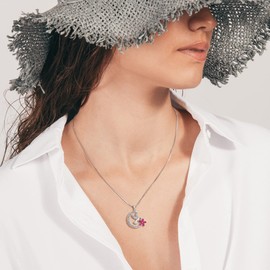 YL Hummingbird Necklace 925 Sterling Silver Celtic Moon Pendant Created Ruby Flower Jewelry for Women