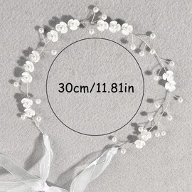 2Pcs Flower Headband, White Pearl Flowers Hair Band with String Beads Soft Wire Pearl Flower Headband for Women Girls