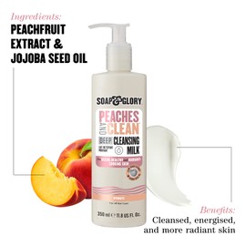Soap & Glory Peaches & Clean Cleansing Milk - Gentle Face Cleanser + Makeup Remover with Jojoba Oil and Peach & Ginseng Extracts - Hydrating Face Wash for Women for Soft, Radiant Skin (11.8 oz)