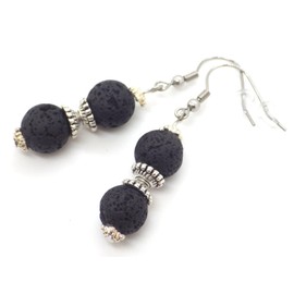 Damen-Ohrringe und Halskette-Schmuckset mit schwarzem Lavastein-Perlenanhänger und tibetischen Perlen