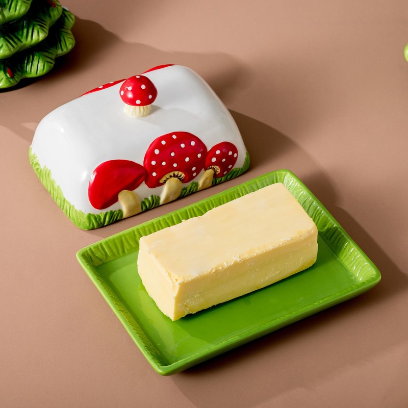 Ceramic Mushroom Butter Dish - Whimsical Red and White Polka