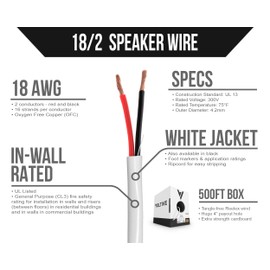 Voltive 18/2 Speaker Wire - 18 AWG/Gauge 2 Conductor - UL Listed in Wall Rated (CL2/CL3) - Oxygen-Free Copper (OFC) - 500 Foot Bulk Cable Pull Box - White