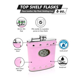 Faux Leather Hip Flask Holding 6 oz - Silver Stud Design - Pocket Size, Stainless Steel, Rustproof, Screw-On Cap