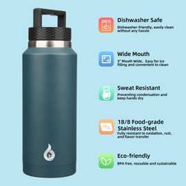 BJPKPK Insulated Water Bottles, Dishwasher Safe 36 oz Water Bottle with Handle, Leakproof BPA Free Thermal Flasks, Stainless Steel Jug for Sports, Navy Blue