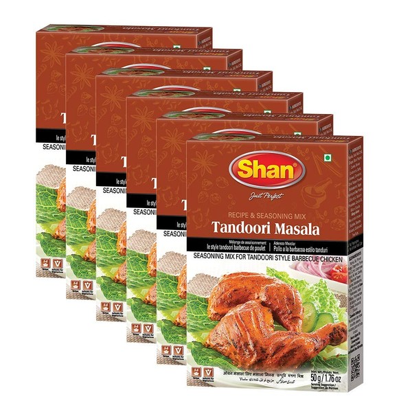 Shan Tandoori Recipe and Seasoning Mix 1.76 oz (50g) - Spice Powder for Tandoori Style Barbecue Chicken - Suitable for Vegetarians - Airtight Bag in a Box (Pack of 6)