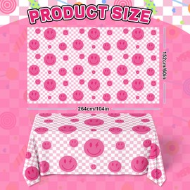 Whaline Preppy Party Tablecloth 104 x 60 Inch Smile Faces Plaids Tablecloth Waterproof Pink White Checked Y2k Rectangle Table Cover for Bachelorette Birthday Preppy Party Favor Picnic Supplies