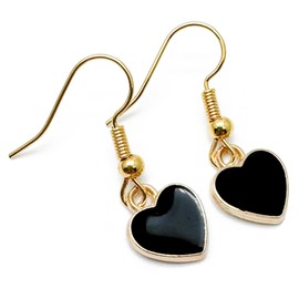Black Heart Charm Earrings, Black Enamel Charm Beads on Nickel Free Gold Tone Hooks : 29mm long, Valentine's Day Gift for Women, Heart Shaped Drop Earrings