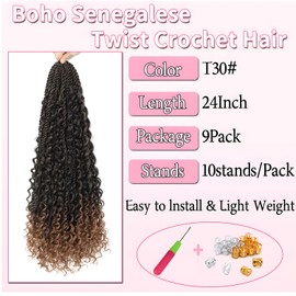 9 Packs Senegalese Twist Crochet Hair 24 Inch Pre-Looped Island Twist Boho Crochet Braids Hair Extensions with Curls Synthetic Crochet Hair Extensions for Black Women (TB/30, 24 Inch 9 Packs)