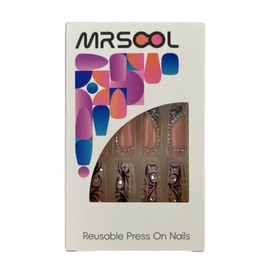 MRSCOL Long Press on Nails,Coffin Press on Nails with 3D Diamond Design,Long Reusable 24pcs Nail Kit with Glue