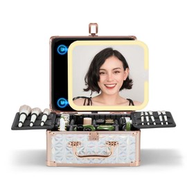 OMIRO Makeup Case, Makeup Bag with Light Up Mirror Set, Makeup Organizer Bag with Magnet Makeup Mirror for Women and Girls(Diamond Blue)