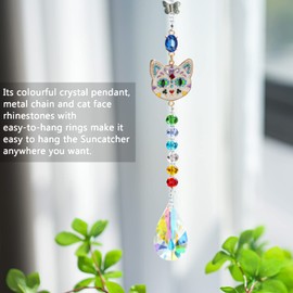 H&D HYALINE & DORA Crystal Rhinestones Suncatcher Cat Face Shaped with Butterfly Window Hang Pendant, Rainbow Crystal Colorful Prisms Ornament Gift Christmas Tree Decoration