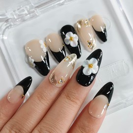 Handmade Press on Nails Almond Medium 3D Floral French Tip Thick Acrylic Fake Nails False Nails with White Flower Gold Curve Line Designs Black Sturdy Nail Art Press on Nails 10Pcs(M)