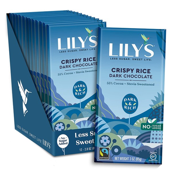 Crispy Rice Dark Chocolate Bar by Lily's | Stevia Sweetened, No Added Sugar, Low-Carb, Keto Friendly | 55% Cocoa | Fair Trade, Gluten-Free & Non-GMO | 3 ounce, 12-Pack