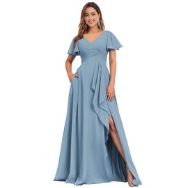 GOEBAODEEN Dusty Blue V Neck Bridesmaid Dresses with Sleeves Pockets for Women Ruffy Chiffon A Line Evening Formal Dress Size 6