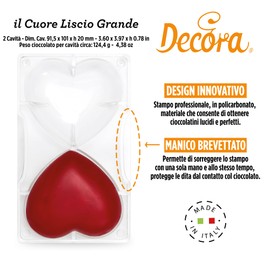 DECORA, 0050077 Herzförmige Schokoladenform aus Polycarbonat, 2 Kavitäten 91,5 x 101 mm, Ideal für glänzende und knusprige Schokolade, mit patentiertem ergonomischem Griff, Made in Italy.