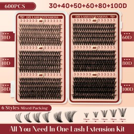 Cluster-Lashes 600pcs Individual Eyelashes, Higu clace 6 Styles Lash Clusters Mixed 10-18MM, Natural Individual Lashes Wispy Lash Extension, Easy to Use at Home (30D+40D+50D+60D+80D+100D)