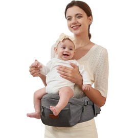 Sunveno Baby Carrier with Hip Seat,Ergonomic Baby Hip Carrier, Front-Facing Baby Holder, Anti-Slip Seat Surface, Wide and Adjustable Waistband, Multiple Pockets, Newborn to Toddler up to 45lbs, Grey
