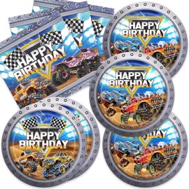 LINBAOHOME 40Pcs Monster Truck Birthday Decorations Disposable Monster Paper Plates Napkins Party Supplies Truck Birthday Party Decorations