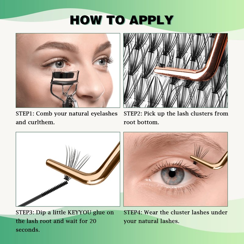 KEYYOU Eyelash Extensions, 300 Pieces, Cluster Lashes, 20D D Curl,