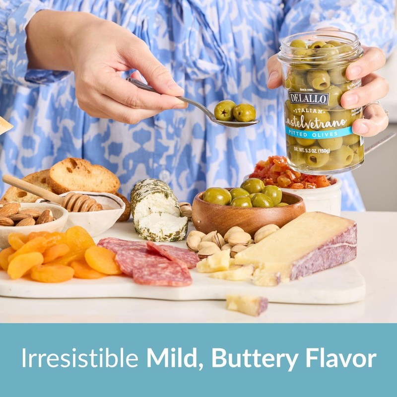 DeLallo Pitted Castelvetrano Green Olives, Naturally Cured, Non-GMO, Kosher, Gluten-Free,