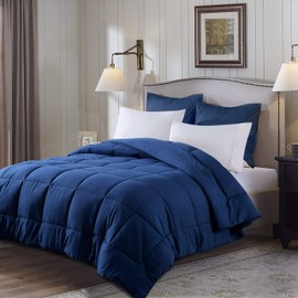 EVOLIVE All Season Pre Washed Soft Microfiber White Goose Down Alternative Comforter with Box Stitching (Navy, Full/Queen)