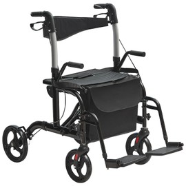 VEVOR Rollator Walker, 2-in-1 Rolling Walker Wheelchair Combo, 300LBS Capacity Folding Transport Chair, Lightweight Aluminum Mobility Rollator Wheelchair with Wheels & Adjustable Handle, Black