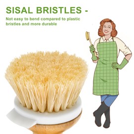SUBEKYU Bamboo Dish Brush, Kitchen Dish Scrubber Brush with Soap Dispenser, Natural Wooden Dishwashing Brush for Cleaning Dishes/Pans/Pots, Built-in Scraper, Sisal Bristles,1 Set
