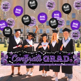 Graduation Party Decorations Purple Black Graduation Banner Balloons Set Congrats Grad Yard Banner with 18pcs Balloons for Class of 2024 Party Sign Decor College High School Party Supplies Outdoor