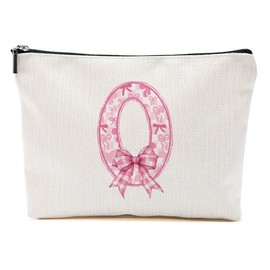 Pink Bow O, Alphabet Makeup Bag for Women, Washable Travel Organizer Toiletry Cosmetic Bag, Coquette Bow Letter Pattern Large Capacity Makeup Pouch with Zipper, Christmas Gifts for Women