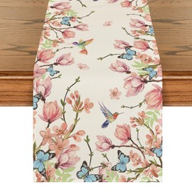 Artoid Mode Butterflies Birds Flowers Leaves Spring Table Runner, Seasonal Summer Kitchen Dining Table Decoration for Home Party Decor 40x140 cm