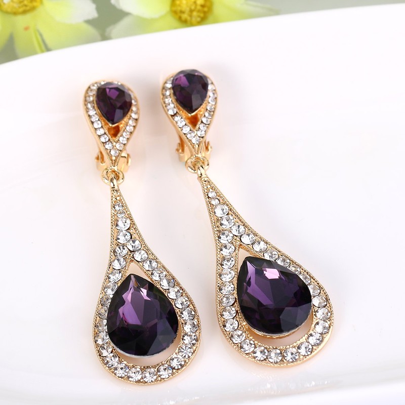 EVER FAITH Purple Rhinestone Teardrop Clip On Earrings, Wedding Bridal