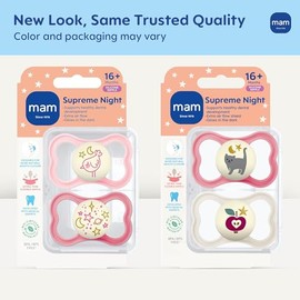 MAM Supreme Night Pacifiers (2 Pack, 1 Sterilizing Pacifier Case), Best Pacifier for Breastfed Babies 16+ Months, Glow in the Dark Pacifiers, Girl Pacifier