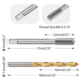 M8 x 0.75 Straight Flute Thread Tap and 7.2mm Twist Drill Bit Set, Metric Titanium Plated 6552 High Speed Steel Machine Screw Thread Tap Threading Drilling Tool
