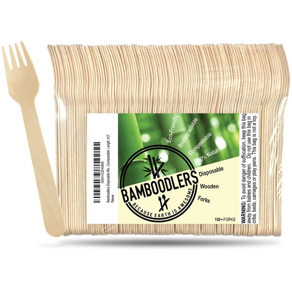 Disposable Wooden Forks by Bamboodlers | 100% All-Natural, Eco-Friendly, Biodegradable, and Compostable - Because Earth is Awesome! Pack of 100-6.5" Forks.