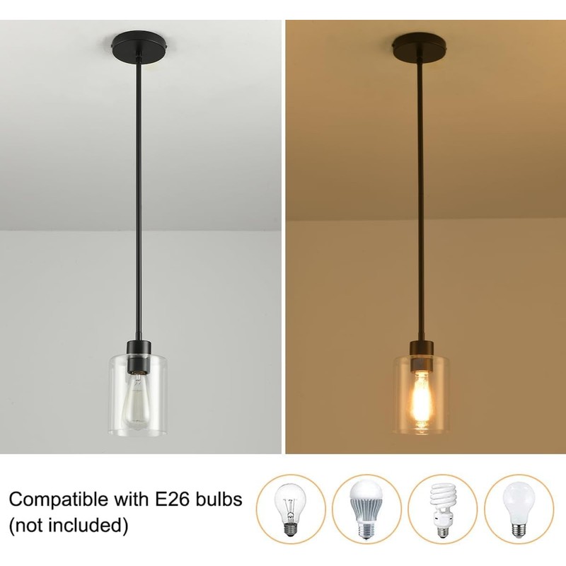 KLSS Black Pendant Lights Kitchen Island - Clear Glass Pendant