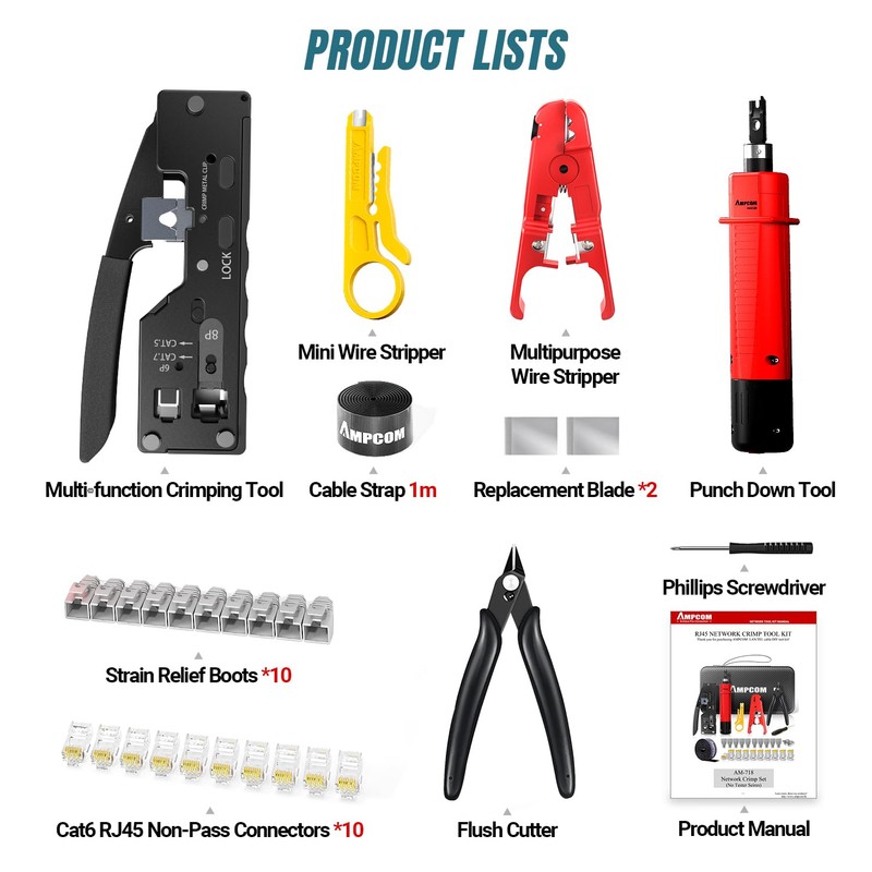 AMPCOM Ethernet Crimping Tool Kit 9-in-1 Pass Through RJ45/RJ11 Network
