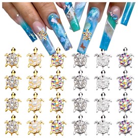 Turtle Nail Charms for Acrylic Nails,24PCS Cute Gold Sliver Metal Nail Rhinestones Decoration , Nail Gems Diamonds Y2K Accessories for Nail Art Supplies Manicure Craft DIY BBATT-HAPPY