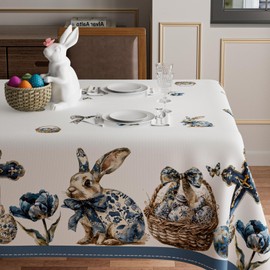 BOTB LIHM Easter Blue and White Porcelain Pattern Flower Bunny Eggs Rabbits Cross Tablecloth Square Washable Table Covers for Spring Indoor Outdoor Dining Table Home Party Decorations 60x60 Inch