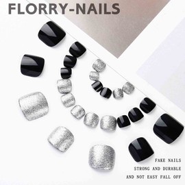 Florry Black Toe Nails Short Glossy Press on Toenails Square Fake Toe Nails for Women and Girls 24PCS
