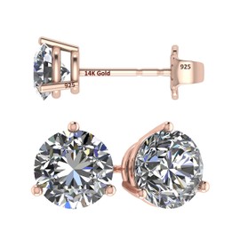 Central Diamond Center 14K Gold Post & Sterling Silver Zirconia 3 Prong Martini Stud Earrings - Rose Gold Plated 8.00mm 4.00cttw