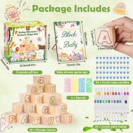 Lokuc 115 Pcs Baby Shower Games Sign Kit, Baby Shower Blocks to Decorate with 48 Wooden Blocks 50 Acrylic Baby Pacifiers 75 Stencils 24 Acrylic Paint Marker, Suitable for Gender Reveal Game